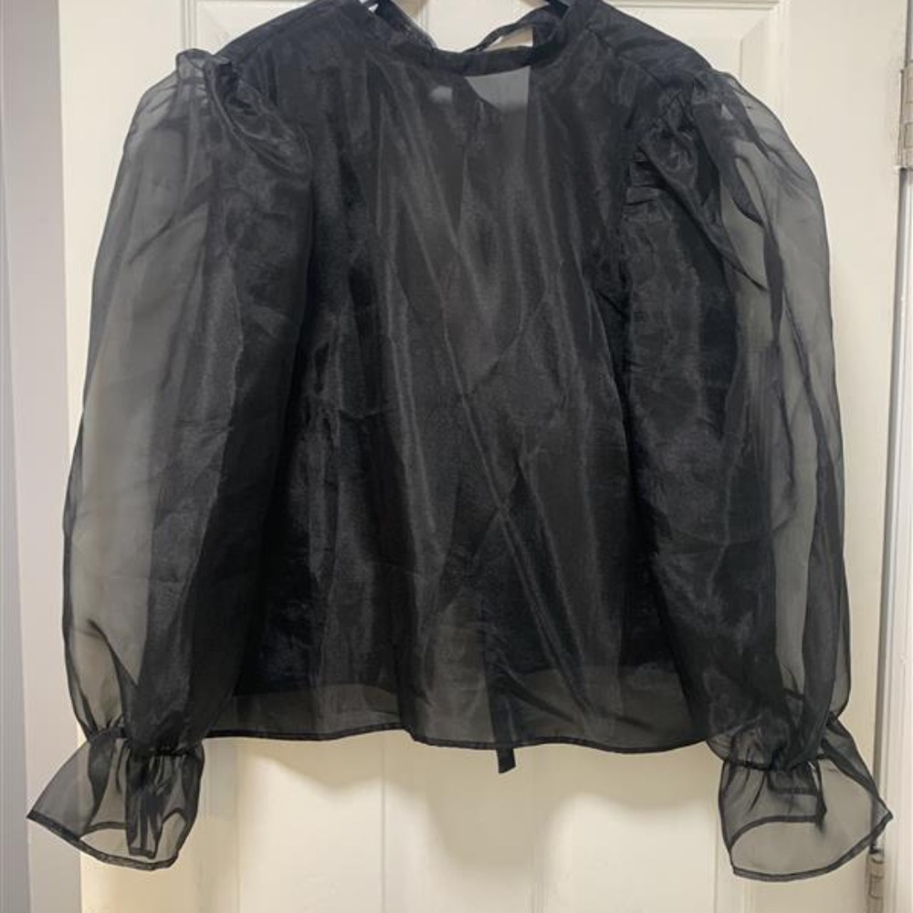 Eloquii Puff Sleeve Bow Back Organza Blouse - Black 16